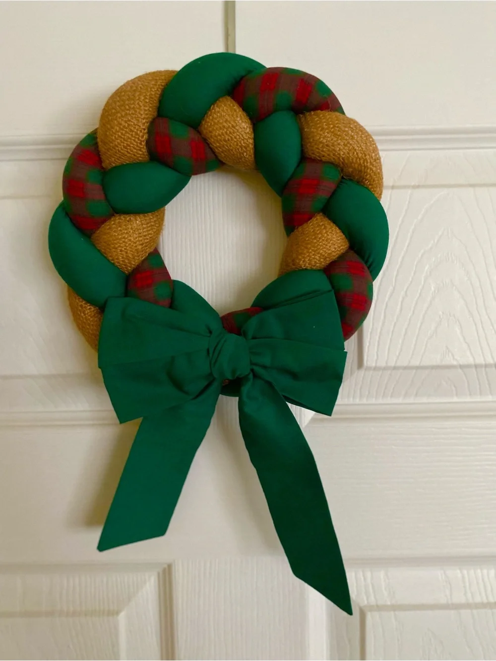 Handmade Green, Gold & Red Plaid Holiday Wreath with Green Bow